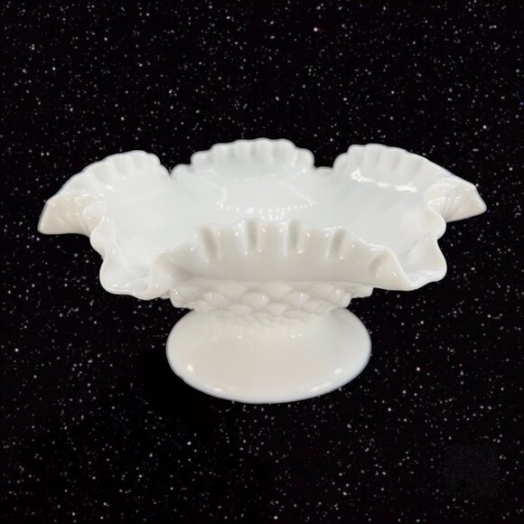 Fenton Hobnail Milk Glass Ruffled Crimp Compote Bowl Footed Dish Centerpiece - Picture 1 of 16
